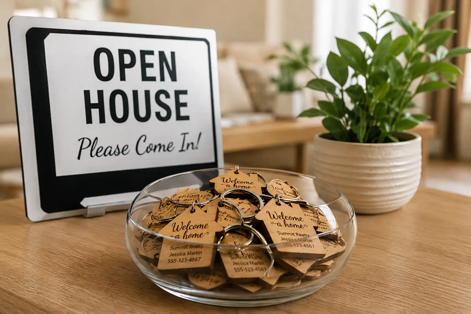 Custom realtor keychains displayed at a real estate open house event