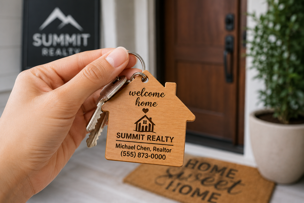 Homeowner holding personalized house shaped realtor keychain in front of a new home