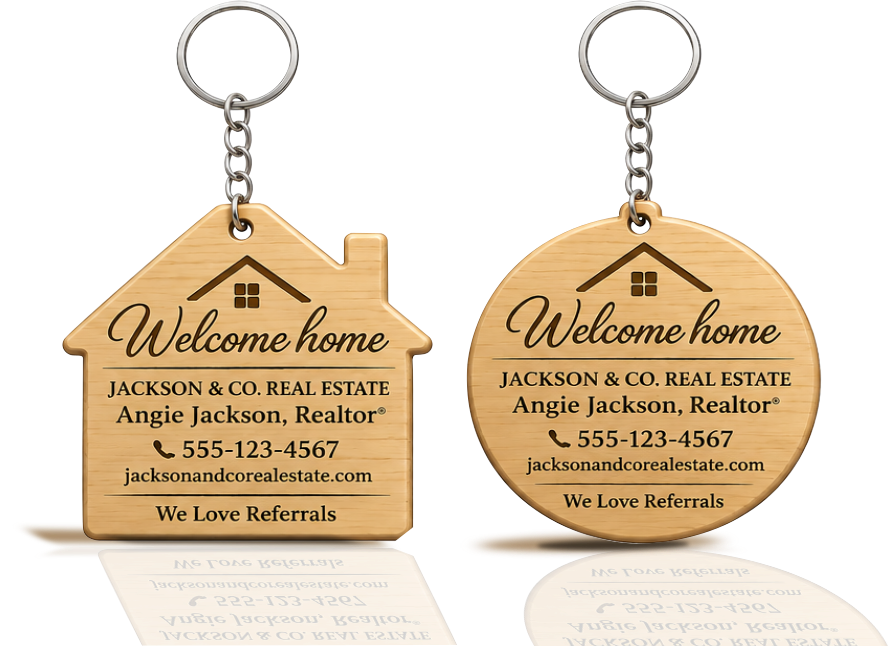 Custom engraved wooden realtor keychains with logo featuring house-shaped and round designs with personalized branding and placeholder engraving details.